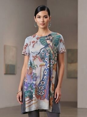 Desigual Multicolor Geisha Print Short Sleeve Tunic Size Large